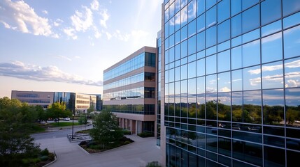 Obraz premium Modern Office Building with Reflective Glass Windows and Green Landscaping : Generative AI