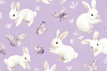 Obraz premium A playful pattern of hopping bunnies and flying butterflies on a soft lavender background, Easter concept