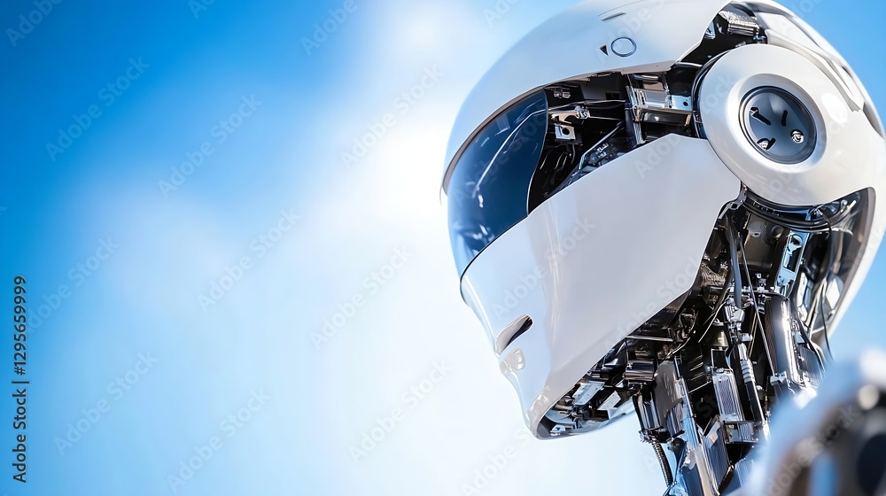 Poster futuristic robot head with sleek design and glossy surface reflecting sunlight against blue sky : ge