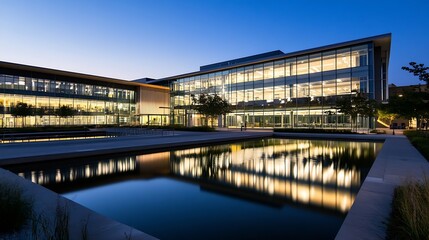 Modern Office Building with Glass Facade Reflecting Scenic Evening Sky : Generative AI