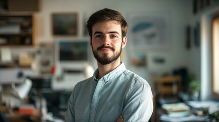 Fototapeta premium Confident Young Man with Beard Smiling in a Stylish Office Environment with a Cozy and Creative Atmosphere
