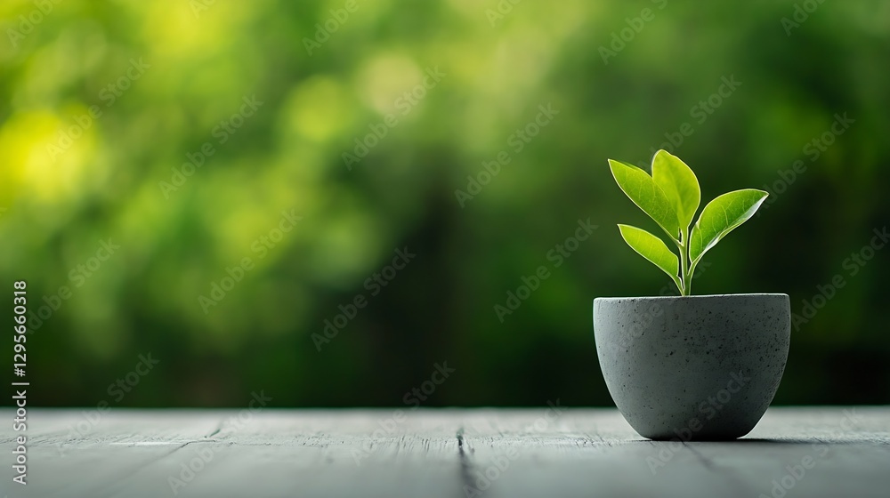 Poster small green plant growing in a modern gray pot on a rustic wooden table with a blurred green backgro