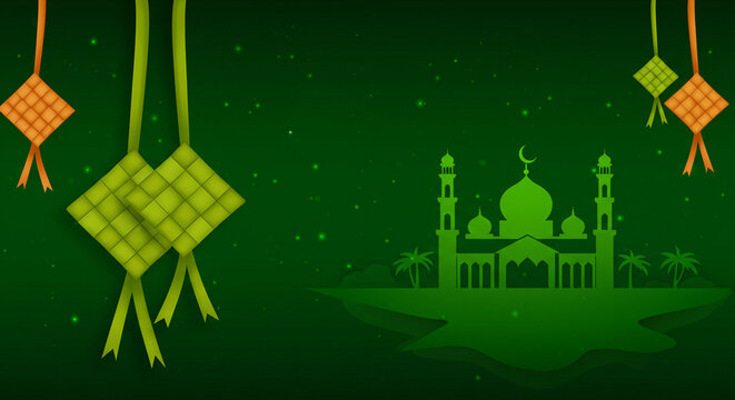 Aidilfitri celebration. Green background, ketupat, and mosque for background purpose.