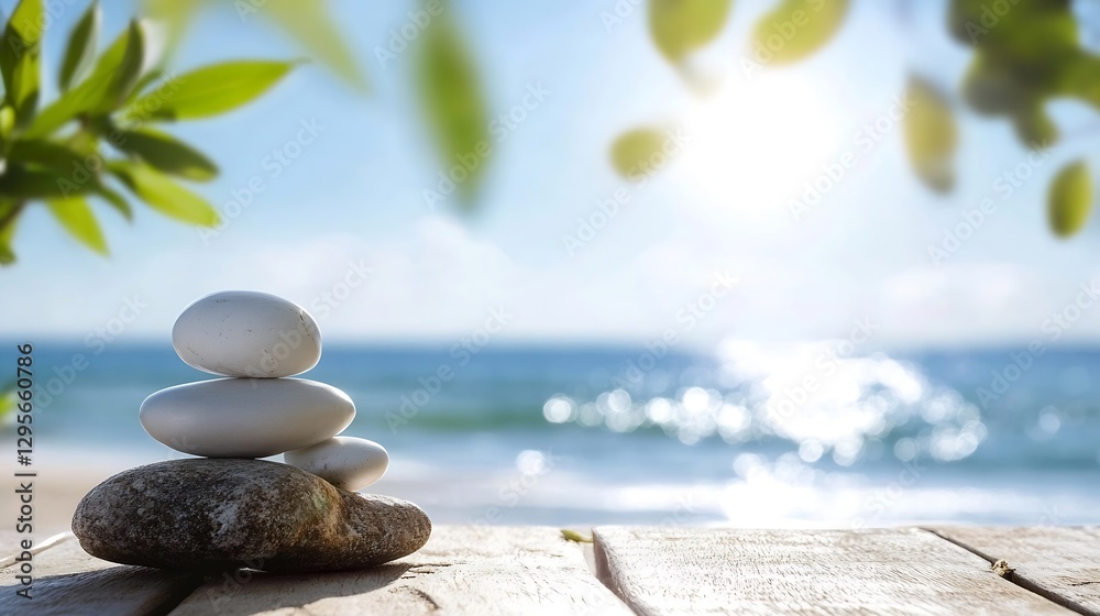 Poster Beautiful stacked pebbles with ocean breeze and sunlight creating a tranquil ambiance : Generative AI