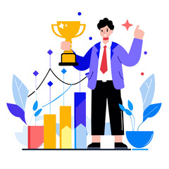 Obraz premium Professional business success concept with confident man in suit standing with gold trophy