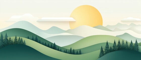 Fototapeta premium A serene landscape featuring rolling green hills, a bright sun, and soft clouds, creating a calm and inviting atmosphere.