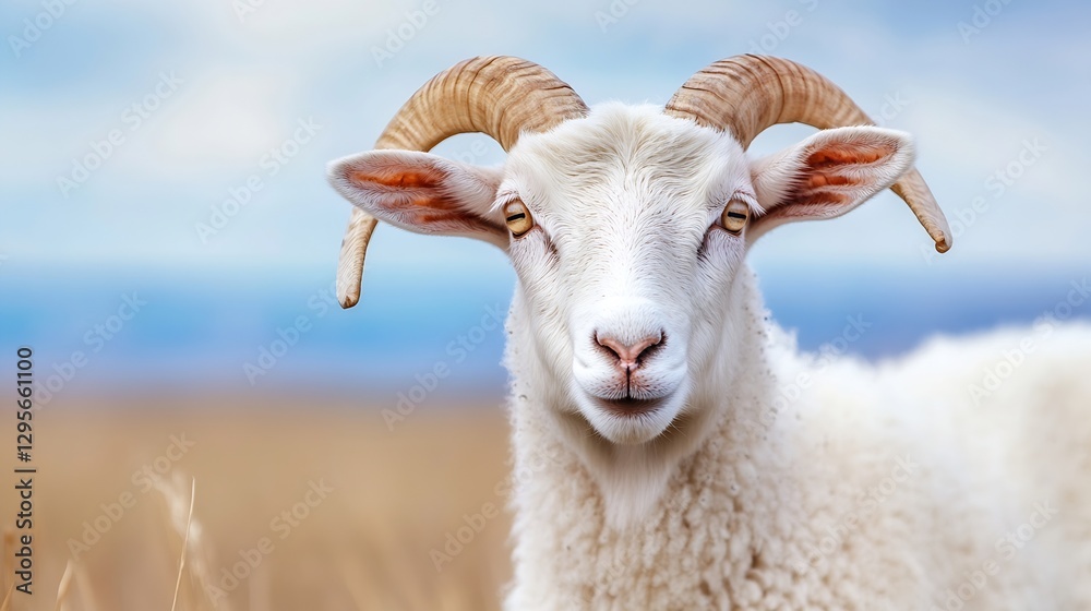 Poster Close up of a charming white sheep with prominent horns and serene expression in a natural setting : Generative AI