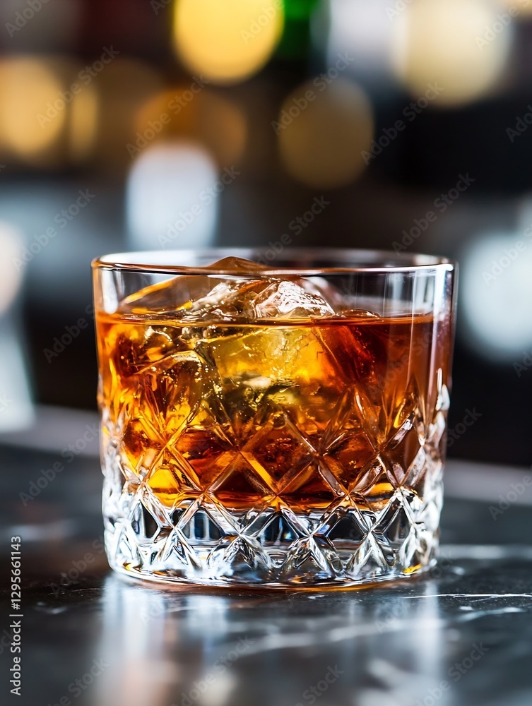 Poster whiskey on the rocks in a crystal glass with ice cubes reflecting warm bar lights : generative ai
