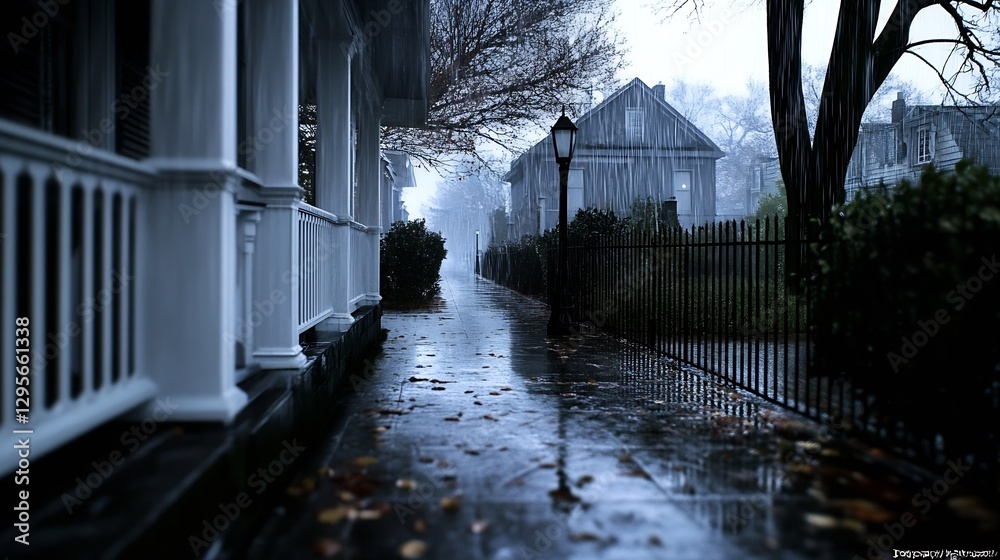 Aufkleber rainy urban street scene with wet pavement and houses creating a mysterious atmosphere : generative 