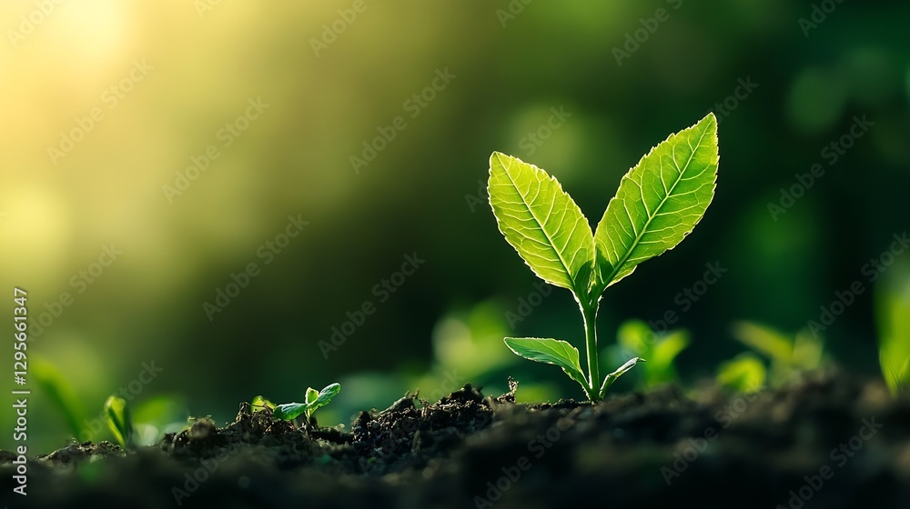 Poster vibrant green seedling emerging from soil in a softly lit natural environment symbolizing new growth