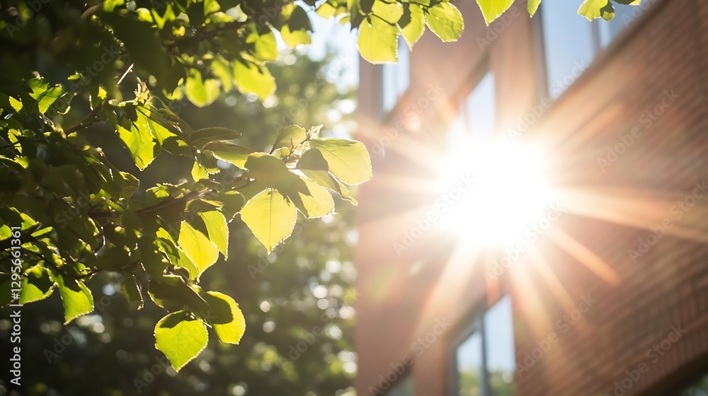 Poster sun shining through green leaves creating a bright and cheerful atmosphere outdoors near a building 
