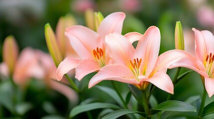 Fototapeta premium Stunning Blooming Peach Lilies Surrounded by Vibrant Green Foliage in a Flower Bed : Generative AI