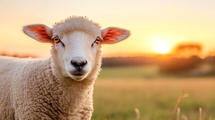 Fototapeta premium Charming young sheep gazing at the camera during a beautiful sunset in the countryside : Generative AI