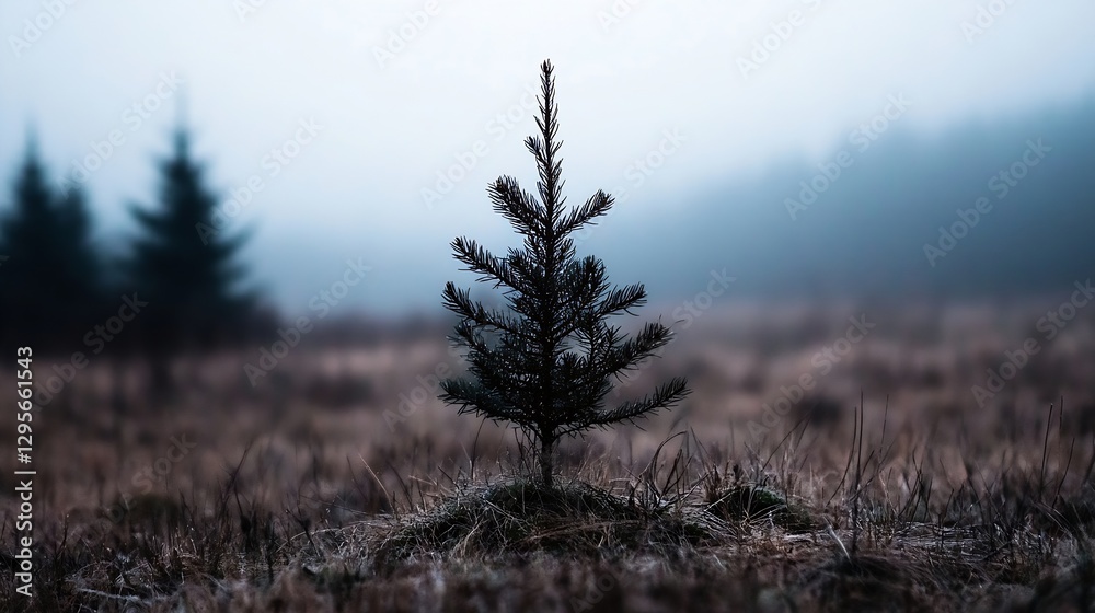 Aufkleber lonely pine tree standing alone in foggy landscape with delicate grass and mysterious atmosphere : g