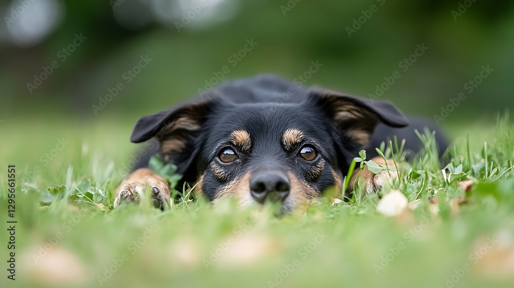 Aufkleber Adorable dog resting on green grass with a calm and gentle expression in a serene setting : Generative AI
