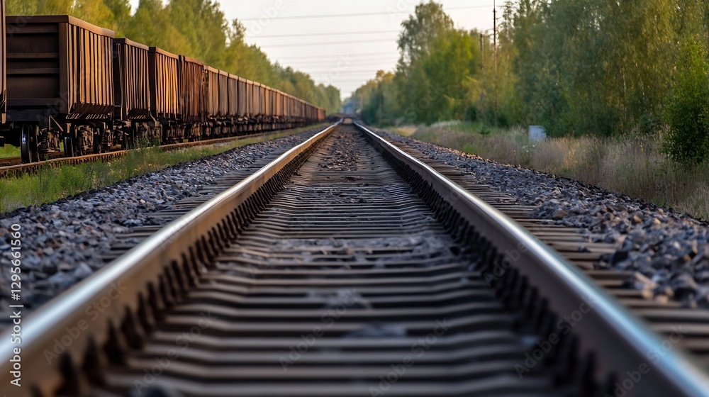 Poster scenic view of train tracks stretching into greenery at dusk : generative ai