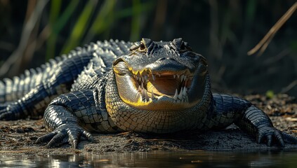Obraz premium Majestic Alligator Basking in the Sunlight by the Water's Edge with Sharp Teeth and Textured Scales, Captivating Wildlife in its Natural Habitat