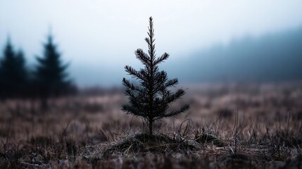 Lonely Pine Tree Standing Alone in Foggy Landscape with Delicate Grass and Mysterious Atmosphere : Generative AI