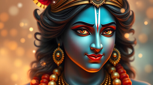 A digital painting of Lord Krishna, the universe's source, with a blurred bokeh effect. Warm terracotta and cool teal create an earthy contrast. His cosmic energy forms galaxies and constellations,