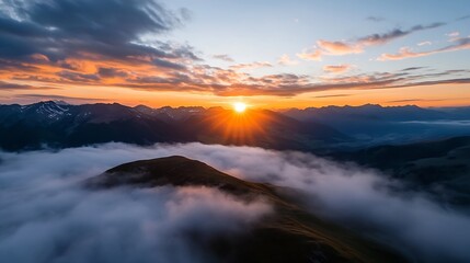 Stunning Sunset Over Mountain Range with Dramatic Sky and Floating Clouds : Generative AI