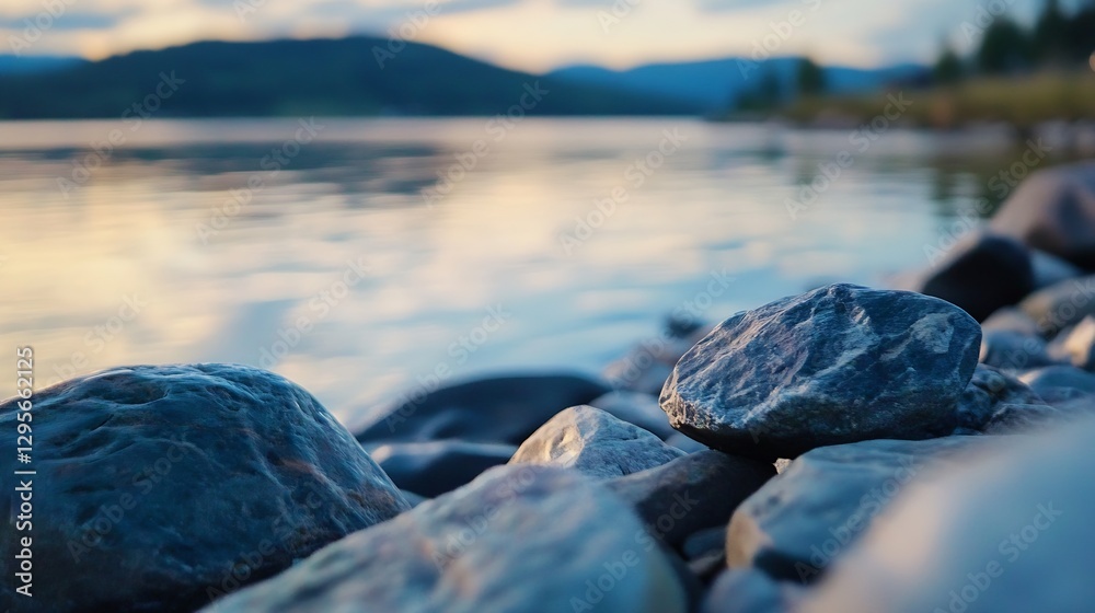 Poster serene lakeside view featuring smooth stones and calm water reflecting the surrounding nature : gene