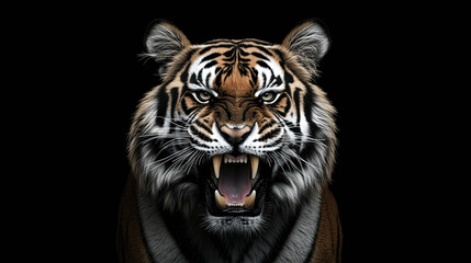 Fototapeta premium Powerful tiger mid-snarl reveals sharp teeth against dark background at wildlife sanctuary
