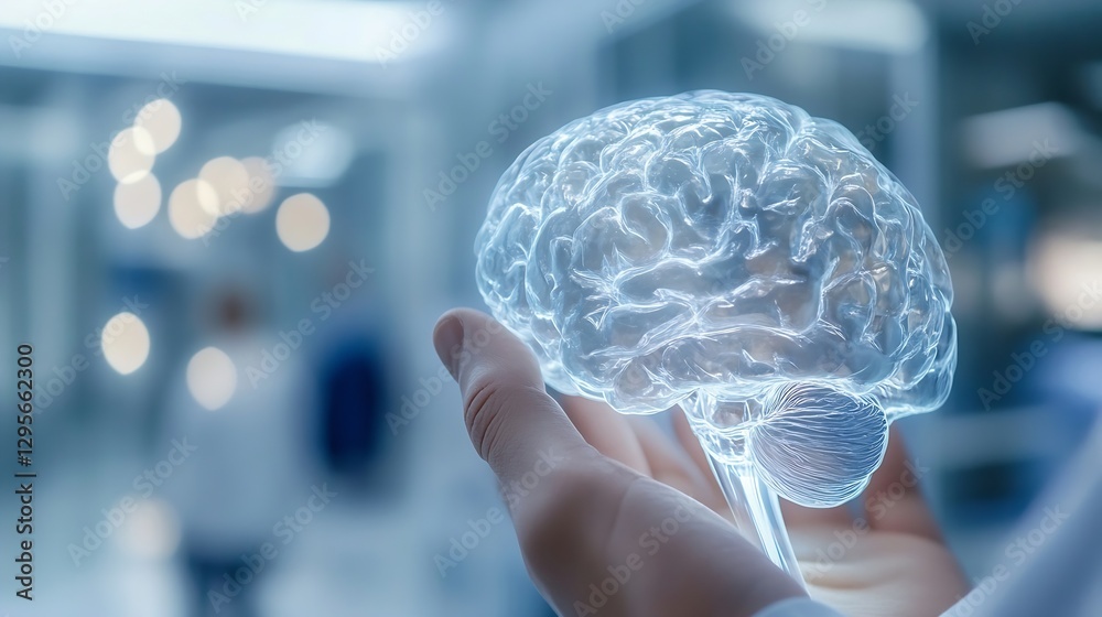 Poster Innovative representation of a glowing brain in a person's hand symbolizing advanced technology and neuroscience progress : Generative AI