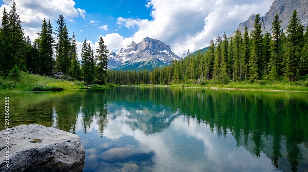 Aufkleber breathtaking natural landscape featuring a serene lake reflecting mountains and trees under a cloudy