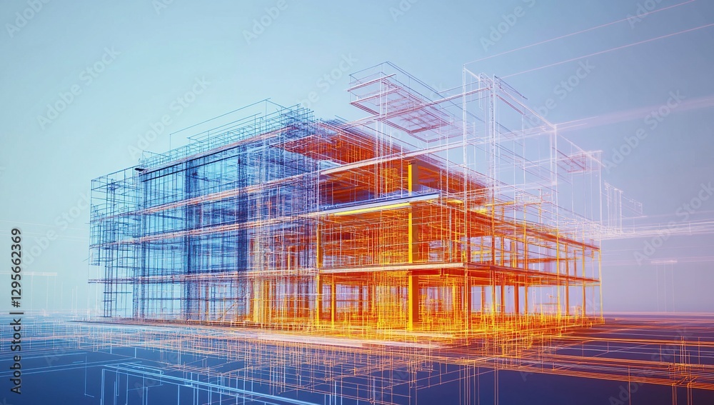 Poster abstract building structure wireframe model render