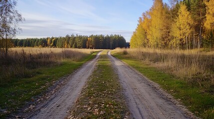 Fototapeta premium Deserted dirt road winding through a golden autumn landscape with vibrant trees and a clear sky : Generative AI