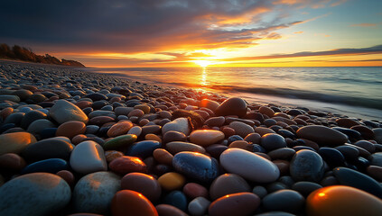 Fototapeta premium Stunning Sunset Over Ocean Beach with Colorful Smooth Stones