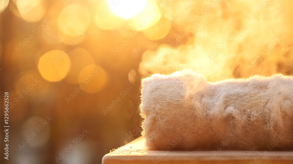 Aufkleber rolling warm towel with steam and soft light during sunrise creating cozy atmosphere : generative ai