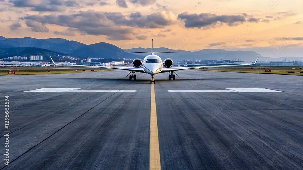 Poster luxury private jet on runway at sunset with scenic mountains in background for travel enthusiasts : 