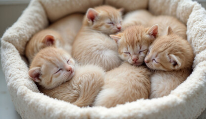 Sleepy orange kittens snuggled together in a fluffy pet bed for a cozy nap