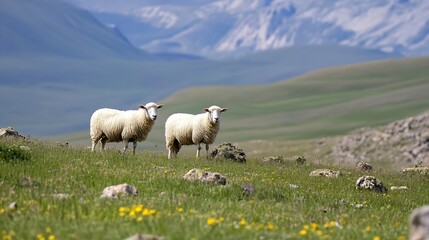 Fototapeta premium Two Sheep Grazing on a Green Meadow with Rocky Terrain and Mountain Range in the Background : Generative AI