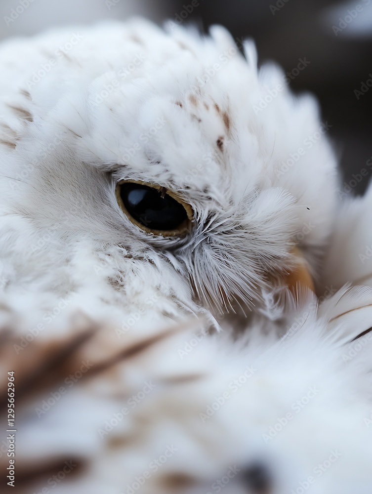 Poster a captivating closeup of a snowy owl showcasing its beautiful feathers and striking eye detail while