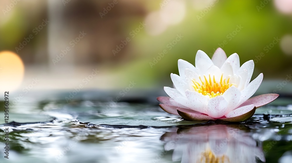 Poster beautiful lotus flower blooming on calm water surface with soft focus background : generative ai