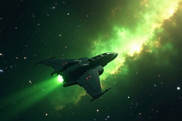 Futuristic spaceship flying towards a glowing green nebula, spaceship, sci-fi, space exploration