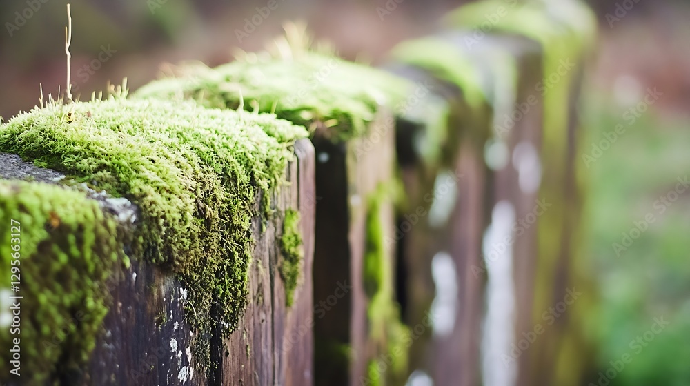 Poster closeup of a mosscovered wooden fence post with soft sunlight creating a tranquil atmosphere : gener