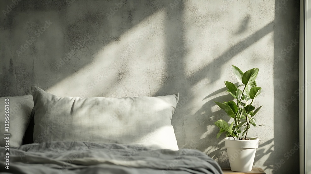 Poster cozy bedroom with soft pillows and sunlight creating calming atmosphere with green plant : generativ