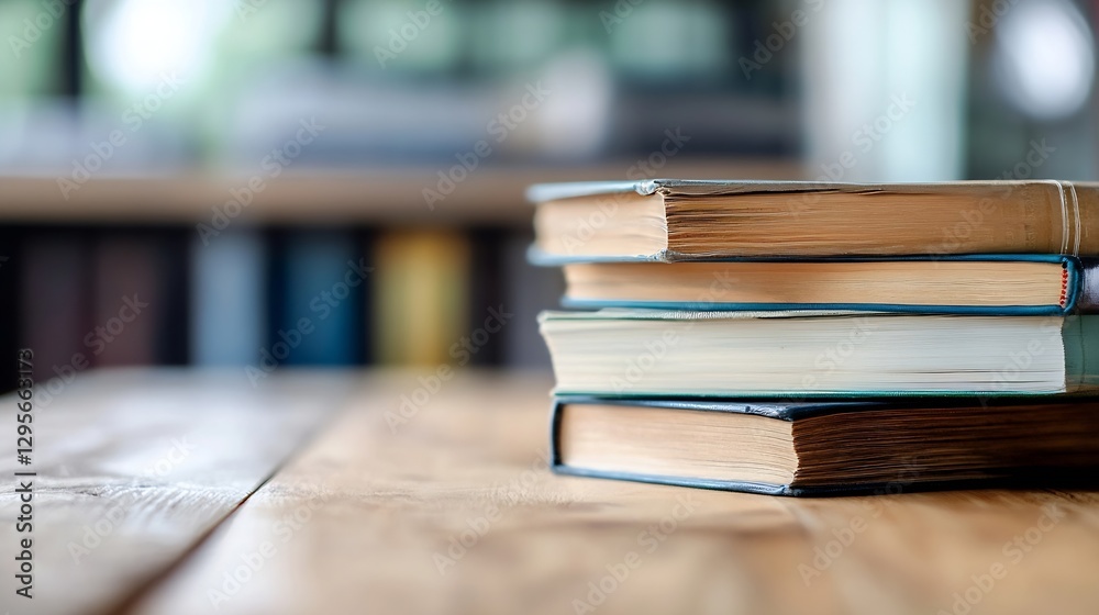 Poster stack of vintage books on a wooden table surrounded by cozy atmosphere : generative ai