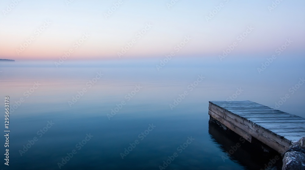 Poster serene lake view at dawn featuring a wooden dock leading into foggy tranquility under pastel skies :