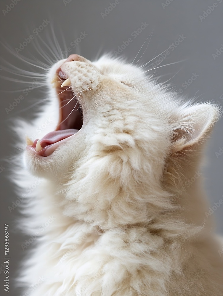Aufkleber adorable white cat yawning with its mouth wide open displaying a fluffy coat and relaxed demeanor : 