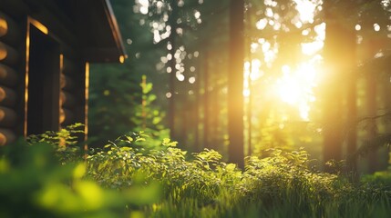 Obraz premium A serene forest scene featuring a cabin bathed in warm sunlight, surrounded by lush greenery and tall trees.