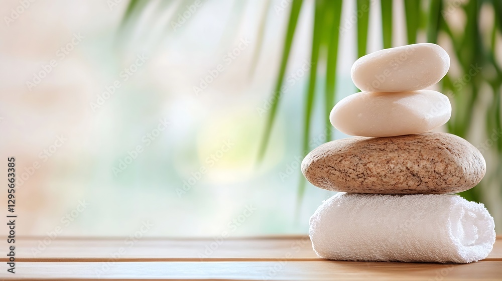 Aufkleber Spa Stones Stacked on Towel with Green Background Inviting Relaxation and Calm : Generative AI