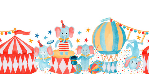 Watercolor horizontal seamless border circus. Tent, elephant, balloon with flags, garlands and stars. Hand drawn illustration for nursery, posters, children's rooms, for paper, stationary, fabric © Tatiana