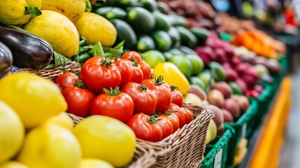 Vibrant Display of Fresh Vegetables and Fruits at a Local Market Stall : Generative AI