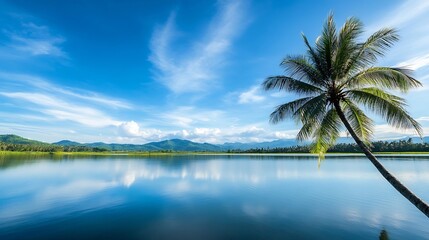 Obraz premium Serene Tropical Lake with Palm Tree Under Bright Blue Sky and Lush Mountains : Generative AI
