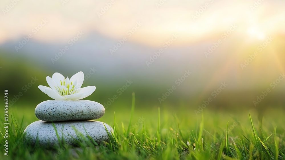 Poster beautiful lotus flower on stones in dewy grass with soft sunrise glow for calmness and serenity : ge
