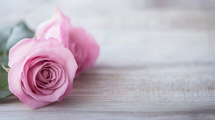 Delicate pink roses arranged beautifully on rustic wooden table offering a romantic ambiance : Generative AI